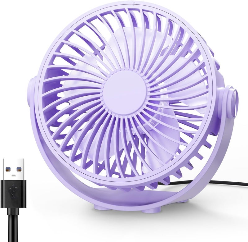 Edvision USB Desk Fan, 5 Inch Mini Portable, 3 Speeds Strong Airflow Personal Desktop, Detachable Cooling Fan 360° Rotation Quiet Small Fan for Desk Home Office Travel Car, Purple, 5ft Cable - Image 1